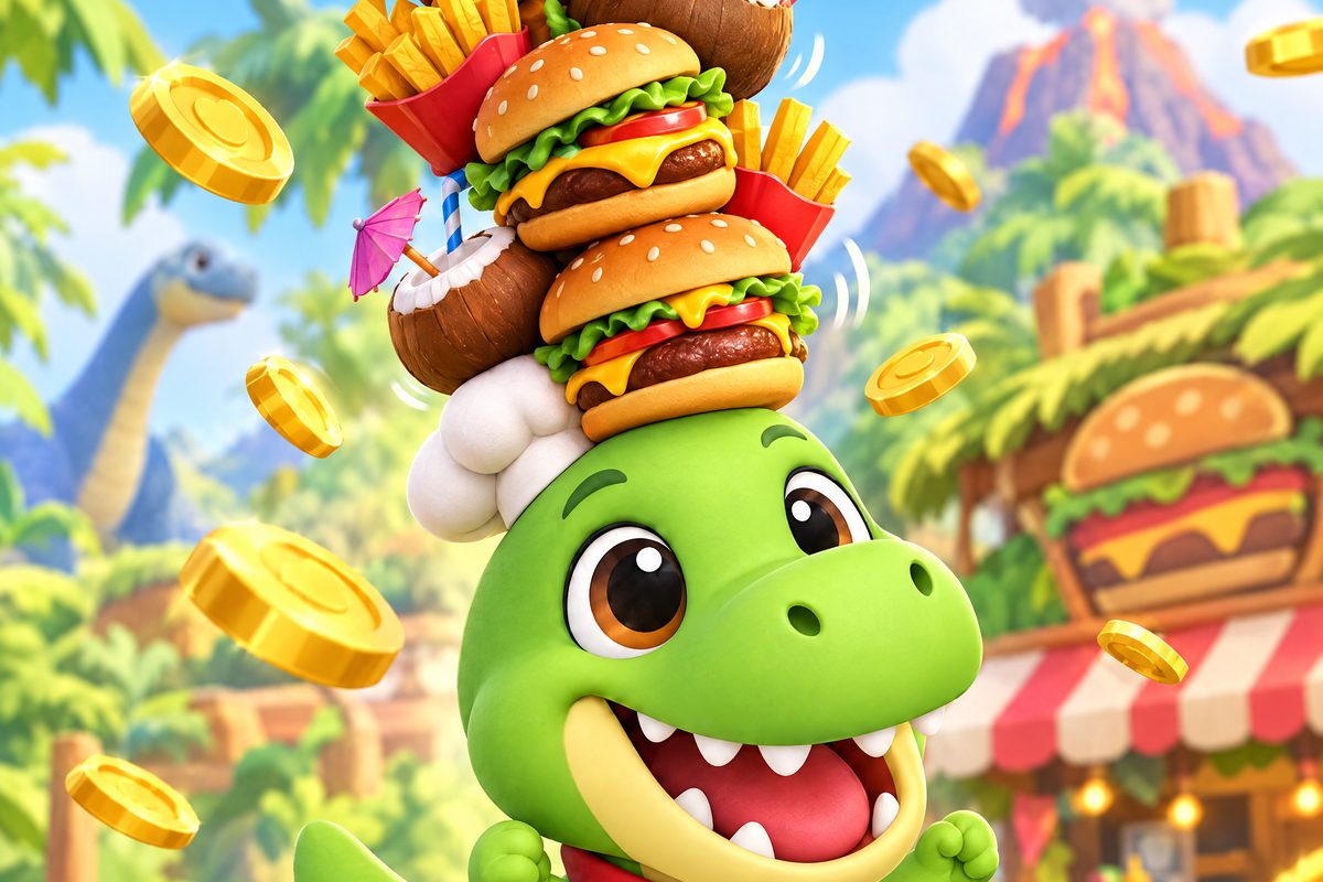 A baby T-rex chef balancing a tall stack of burgers, fries and coconut drinks on its head in a jungle, with gold coins flying