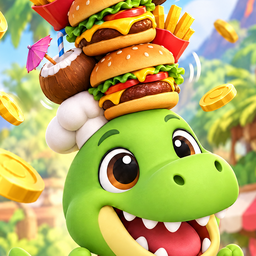 Stomp Burger app icon: a baby T-rex with burgers stacked on its head